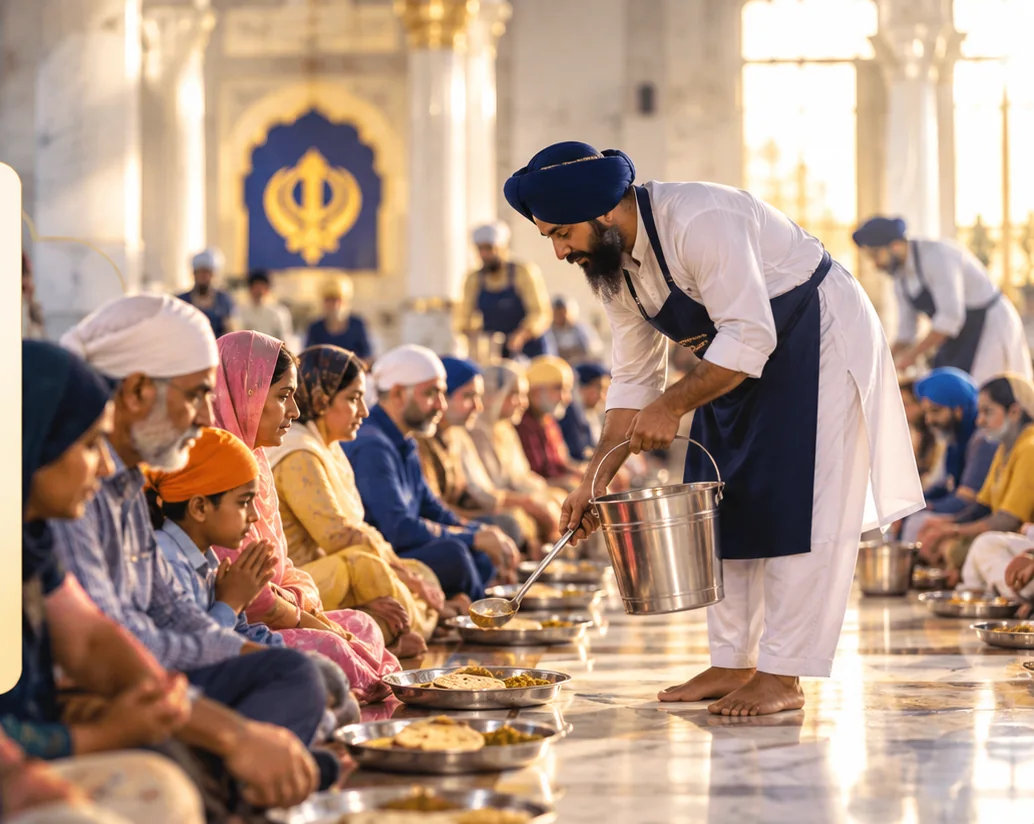 Sangat sitting together on the floor in a Langar hall while a volunteer serves food